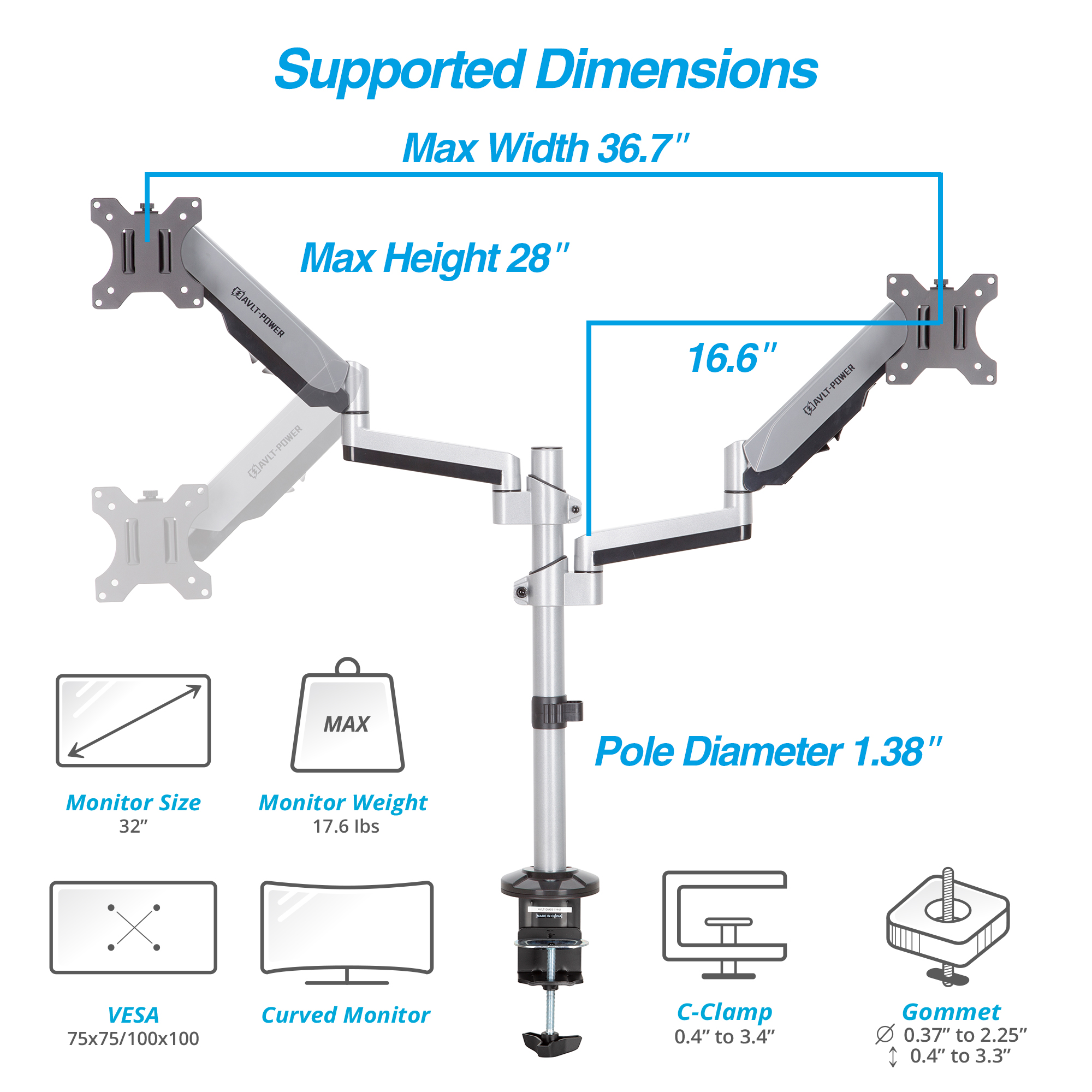 AVLT Dual 13-43 Monitor Arm Desk Mount fits Two Flat/Curved Monitor Full  Motion Height Swivel Tilt Rotation Adjustable Monitor Arm 
