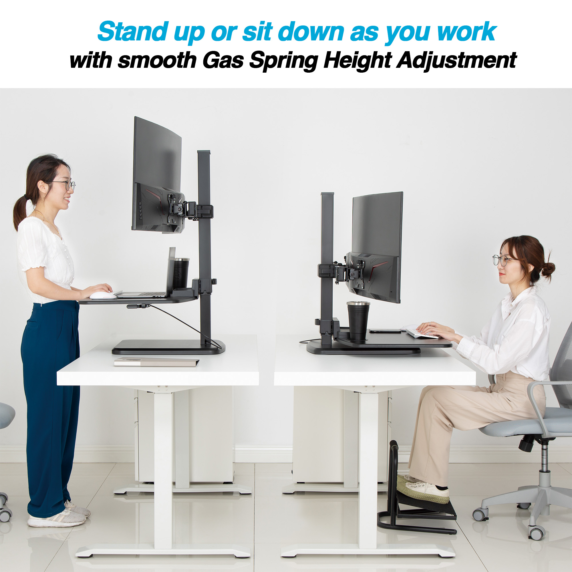 AVLT Dual 32 Monitor Electric Standing Desk Converter with Huge Keyboard  Tray Extra Large 28x 16 Spacious Tabletop Motorized Automatic Height