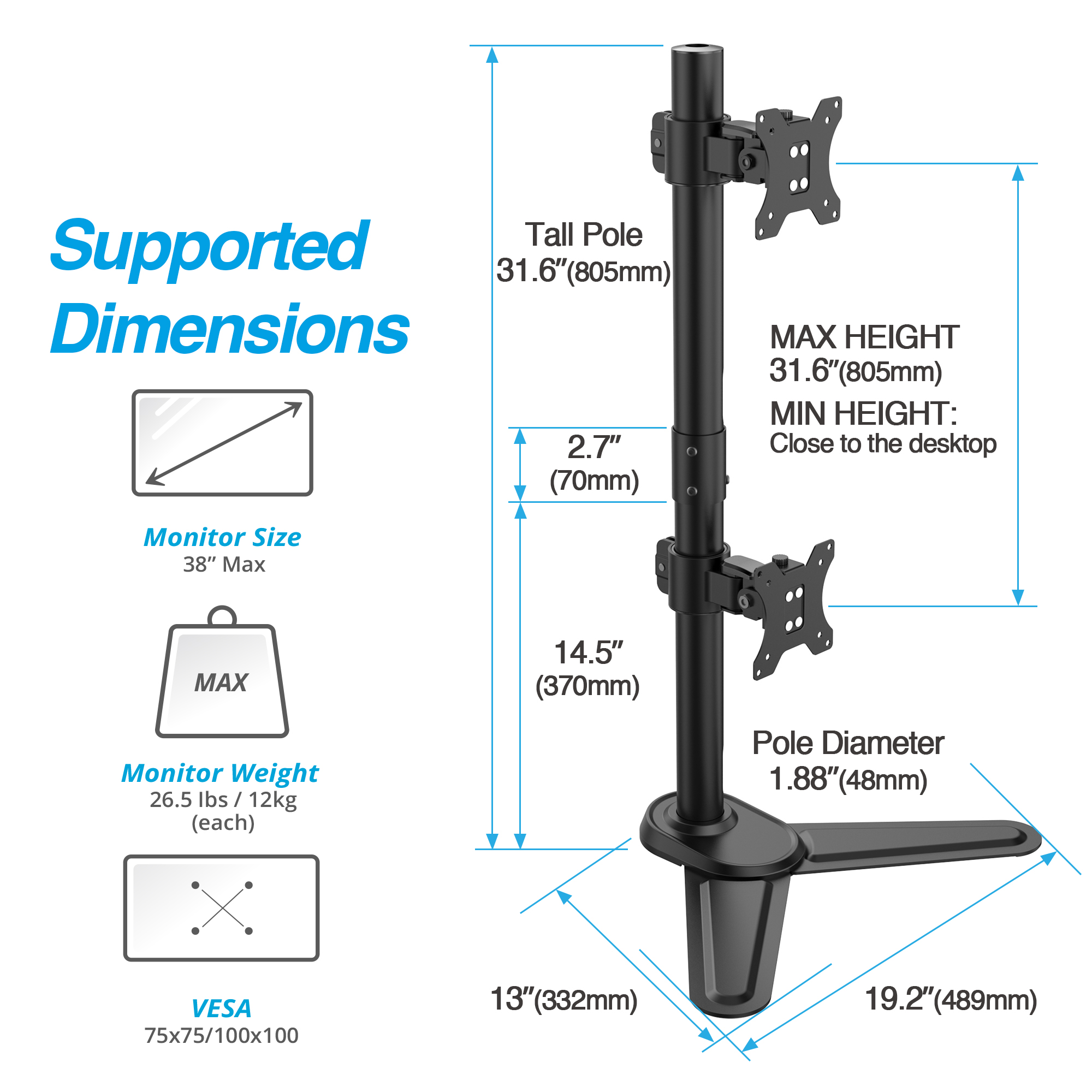 AVLT 38 Vertical Ultrawide Monitor Mount Stand Two Stacked 26.5 lbs  Screens on Heavy-Duty Pole Save Workspace with Fine-Tune Height Tilt Swivel  Rotate Adjustment Free Standing Sturdy Base, AVLT®