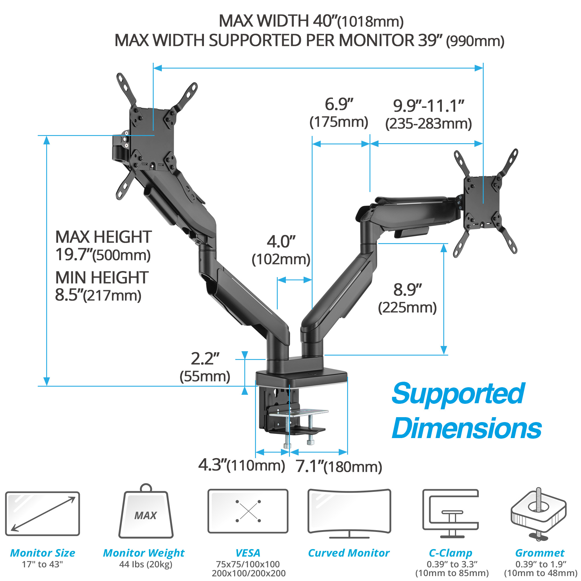 AVLT RGB Lights Dual 17”-43” Gaming Monitor Arm Desk Mount, Fits Two ...