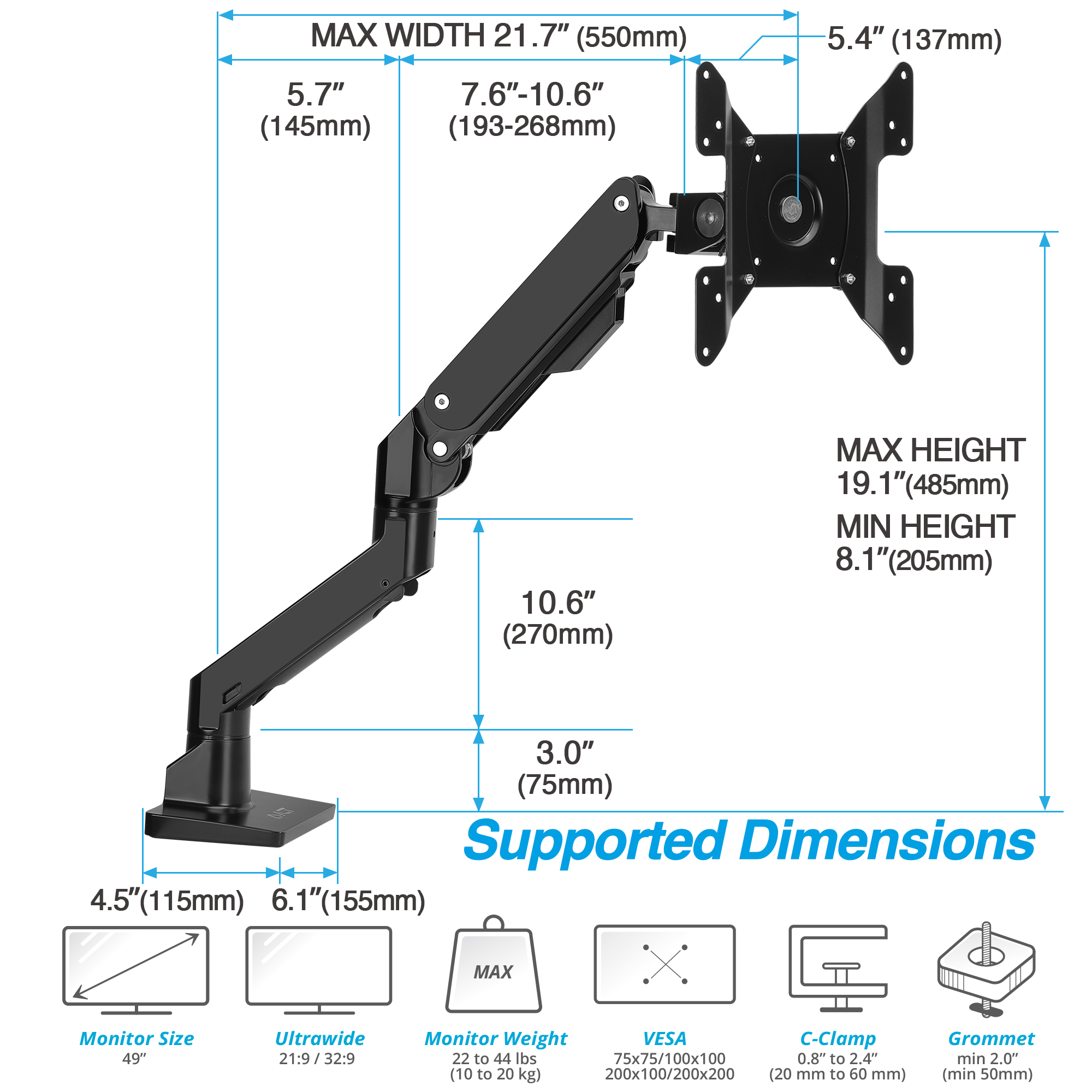 AVLT Single 34”-49” Monitor Arm Desk Mount fits One 44 lbs Heavy Duty ...