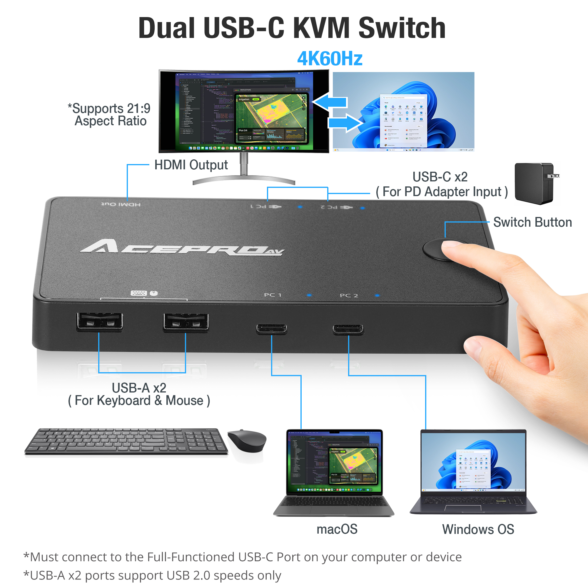 2x1 USB-C 4K60Hz KVM Switch with PD Pass-Through - Selector for 2 